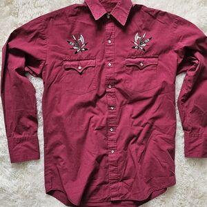 Vintage High Noon Red Brush Popper Embroidered Mens Pearl Snap Size Medium